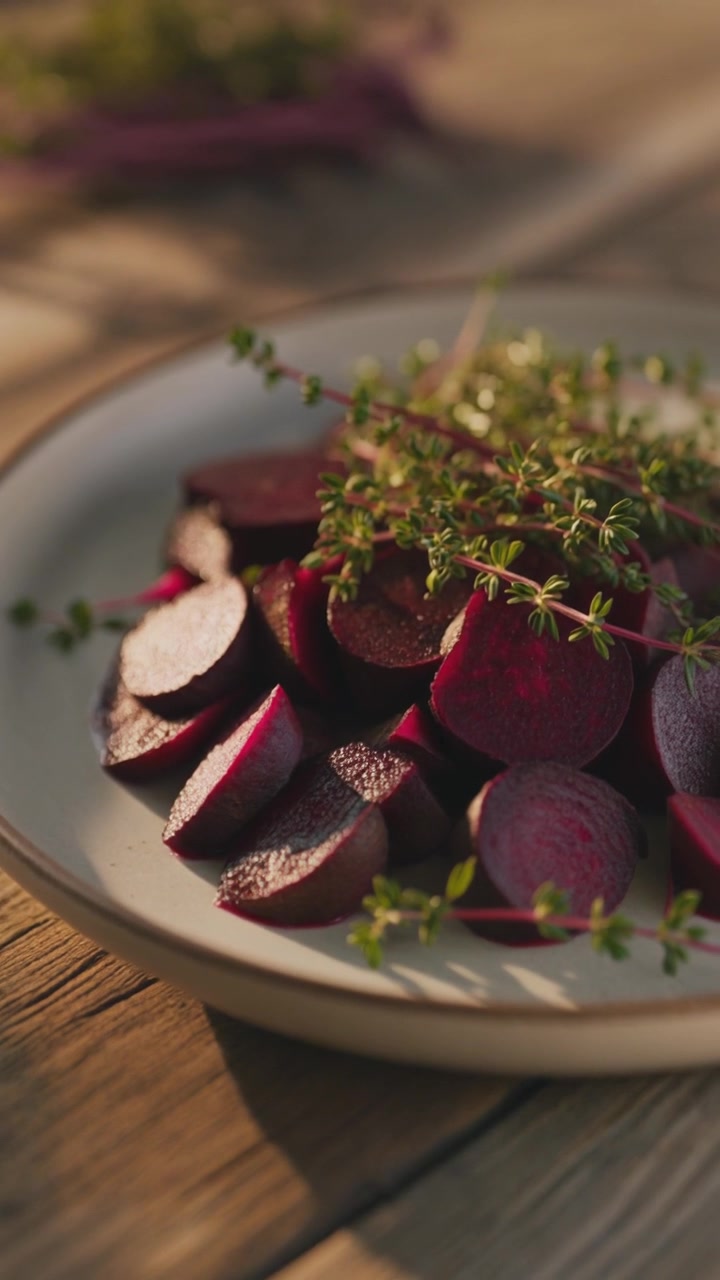 Fresh Sliced Beetroot with Thyme on a Ceramic Plate