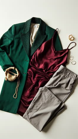 elegant women's fashion flat lay with green blazer and burgundy slip dress