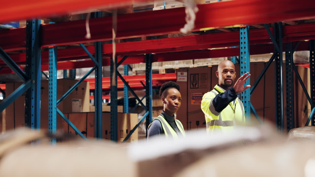 dos trabajadores de almacén que colaboran en una tarea en un almacén ocupado.