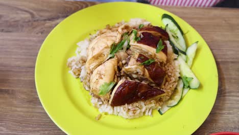 hands use a spoon and fork to pick up roasted chicken and rice from a yellow plate, under bright natural lighting on a wooden table