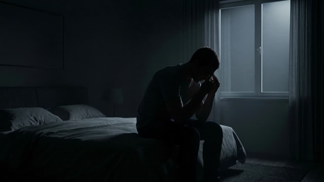 Man sitting on edge of bed and lowering head with hands near face in dark bedroom beside window at night