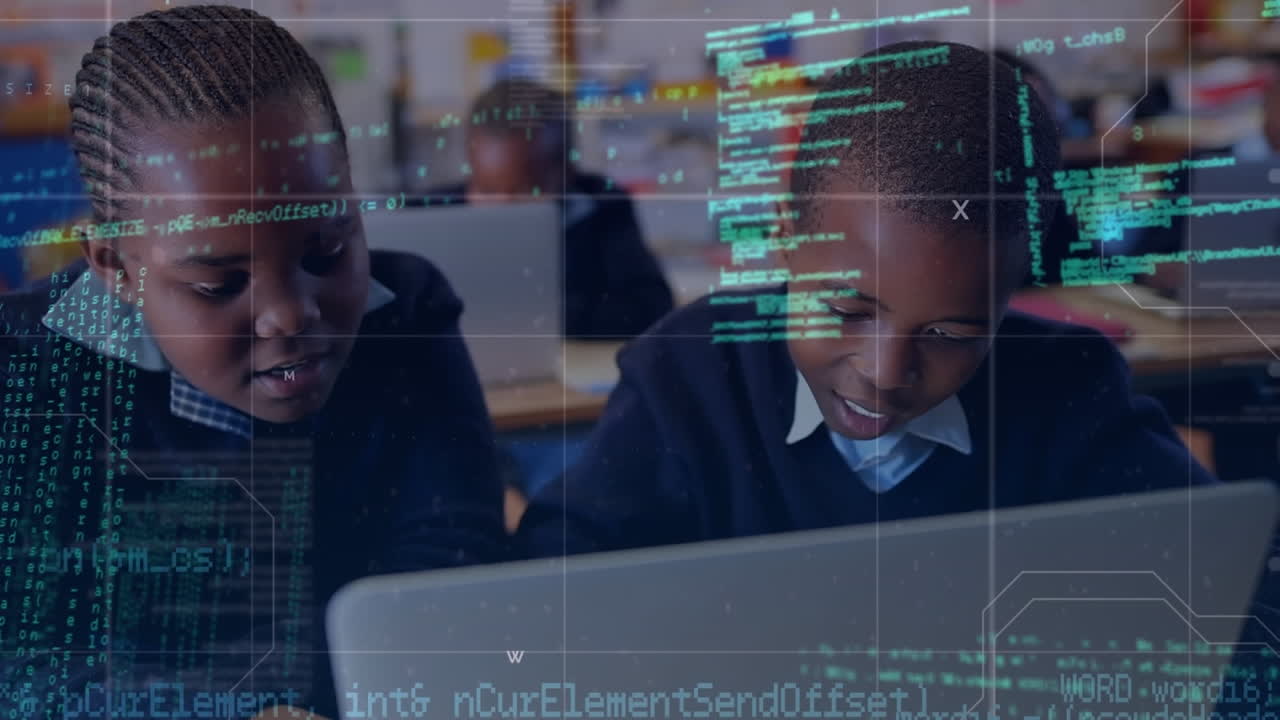 Animation of data processing over african american schoolchildren using laptop