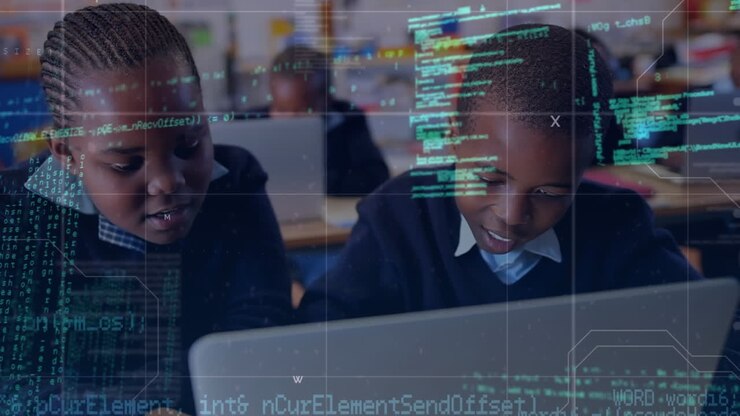 Animation of data processing over african american schoolchildren using laptop