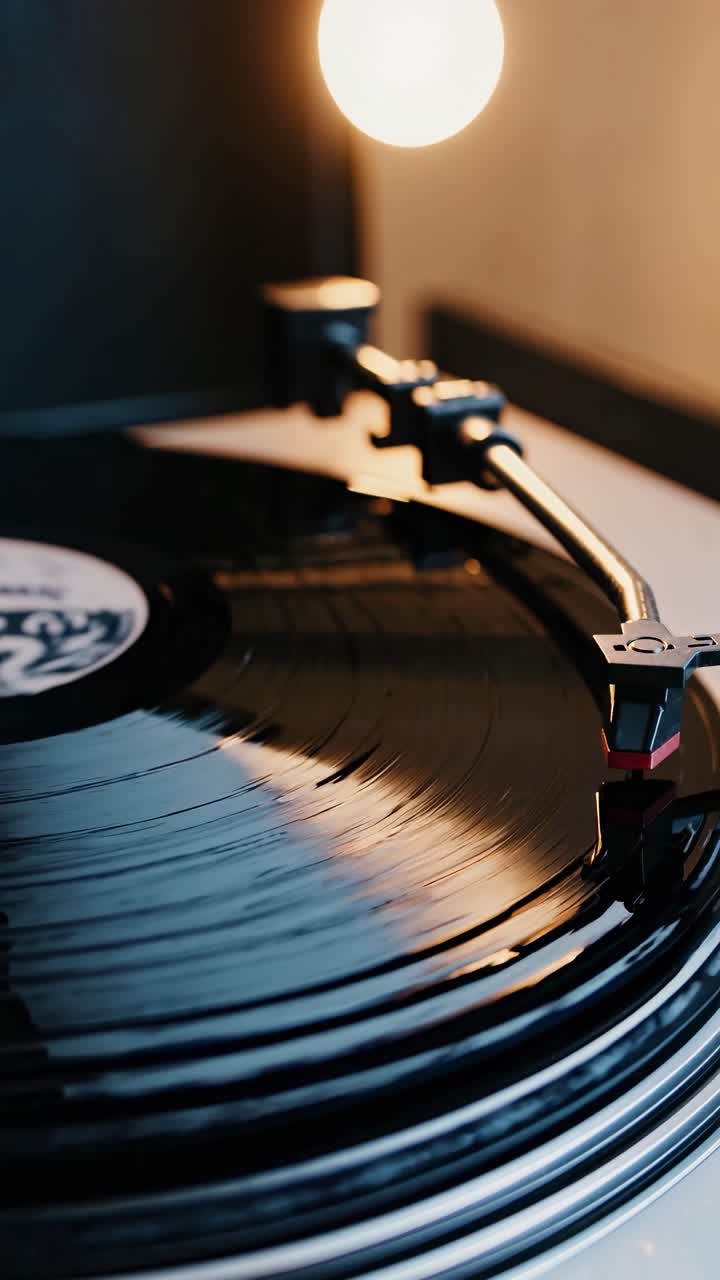 Close-up angle of a vinyl record spinning on a turntable, capturing the retro vibe