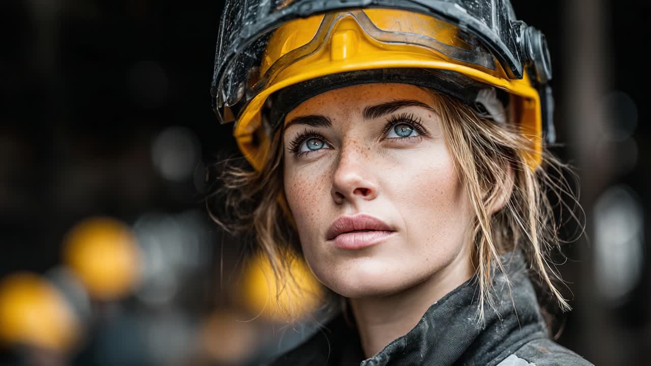 A Determined Female Worker in Protective Gear Gazes Upward, Embodying Strength and Resilience in a Challenging Environment Full of Opportunity and Hard Work