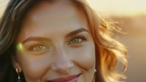 a close up portrait of a woman smiling with the sun in the background