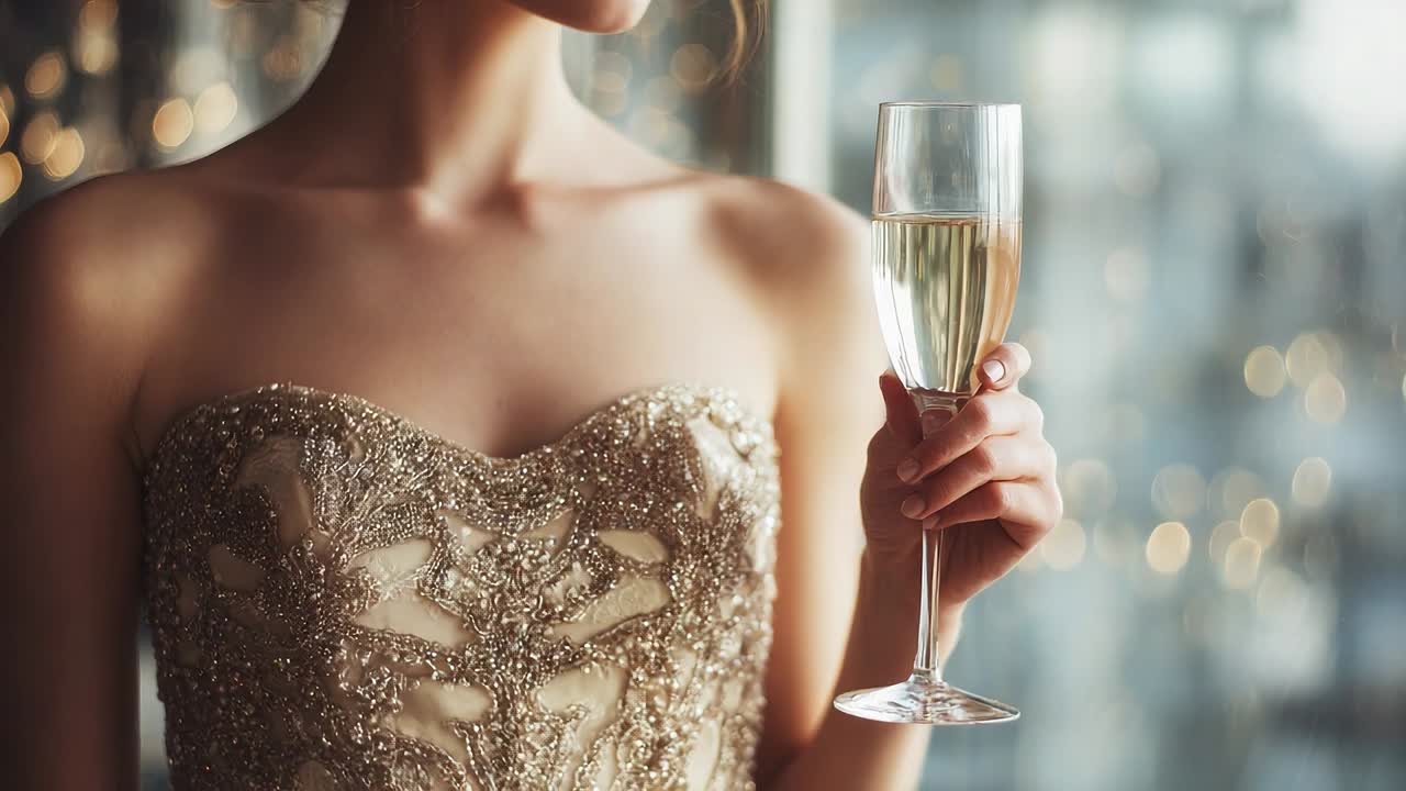 Elegant woman holds champagne in a stylish setting at a celebration