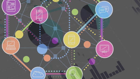 Animation of network of connections with icons and financial data processing