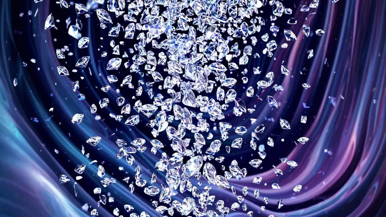 Flowing cascade of shimmering diamonds descends through a vibrant swirling backdrop, creating a mesmerizing visual spectacle of light and motion in a dynamic scene