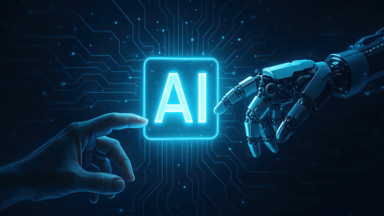 Futuristic video concept of AI interaction, featuring a close-up angle of a human and robotic hand