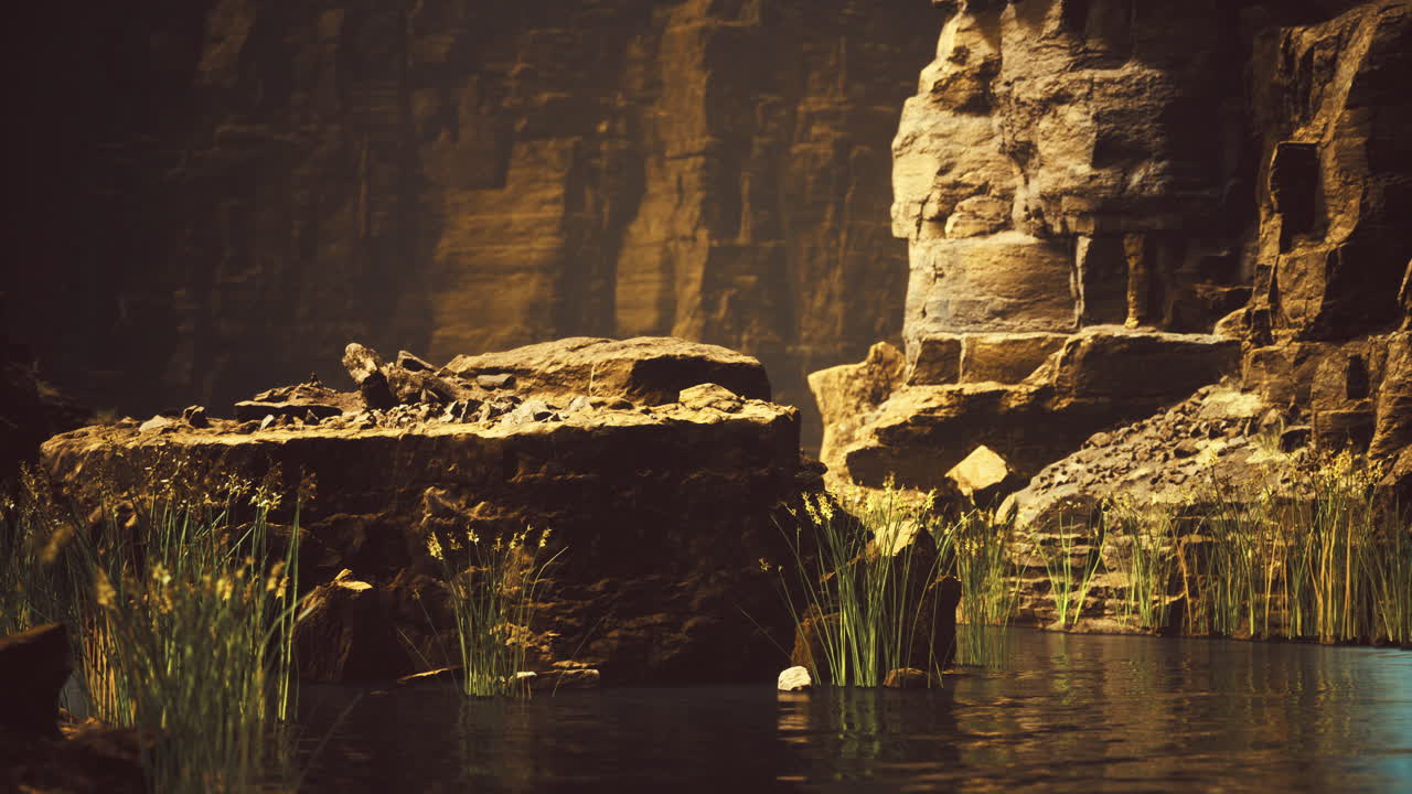 Rock formations and lush vegetation in an underground cave setting near water