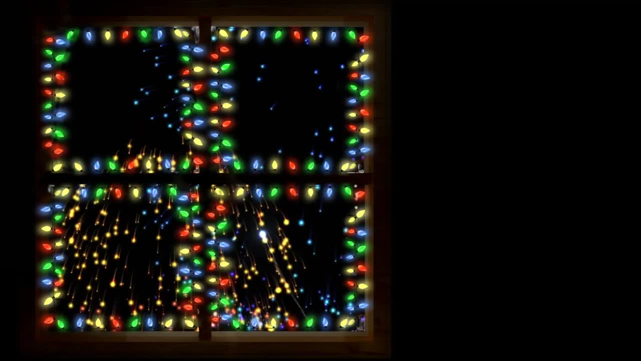 animación de cuadrados de coloridas luces navideñas y fuegos artificiales de año nuevo en el cielo nocturno, espacio de copia