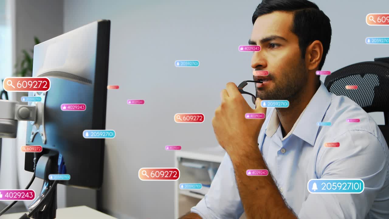 Tech specialist analyzing monitor as floating data overlays appearing, adjusting glasses for review