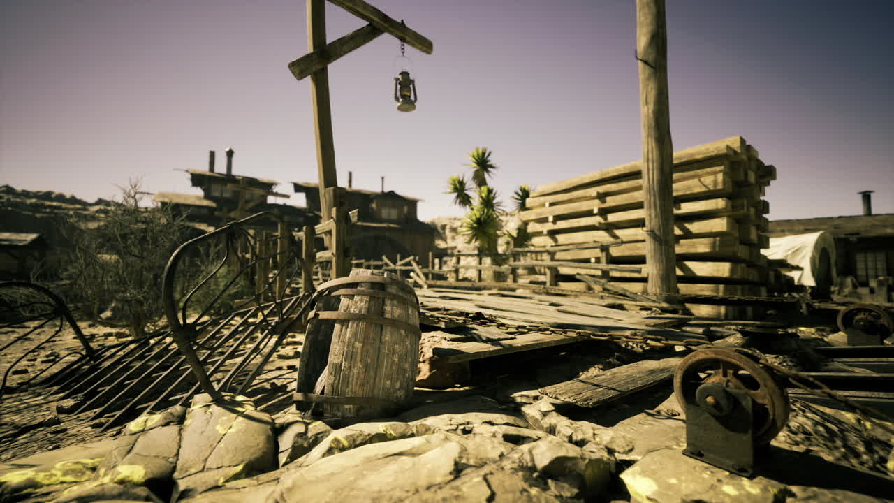 Sunshine illuminates solitary desert path with aged wooden bridge and shadows