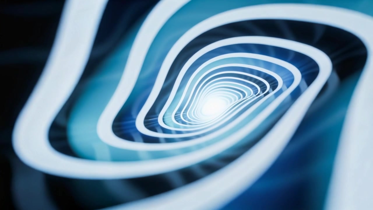 Starting playback glowing ribbon tunnel pulling camera inward, accelerating toward core glow in CGI