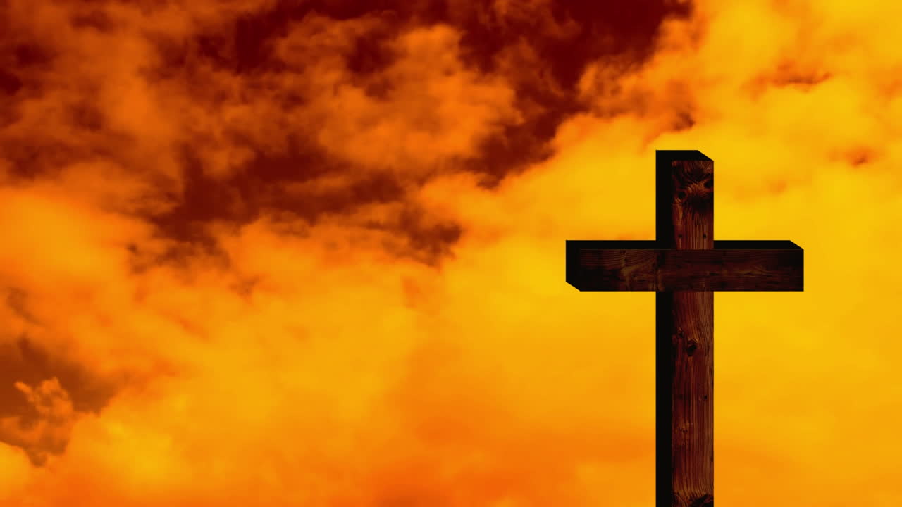 animación de la cruz cristiana sobre nubes naranjas y amarillas que se mueven en el fondo
