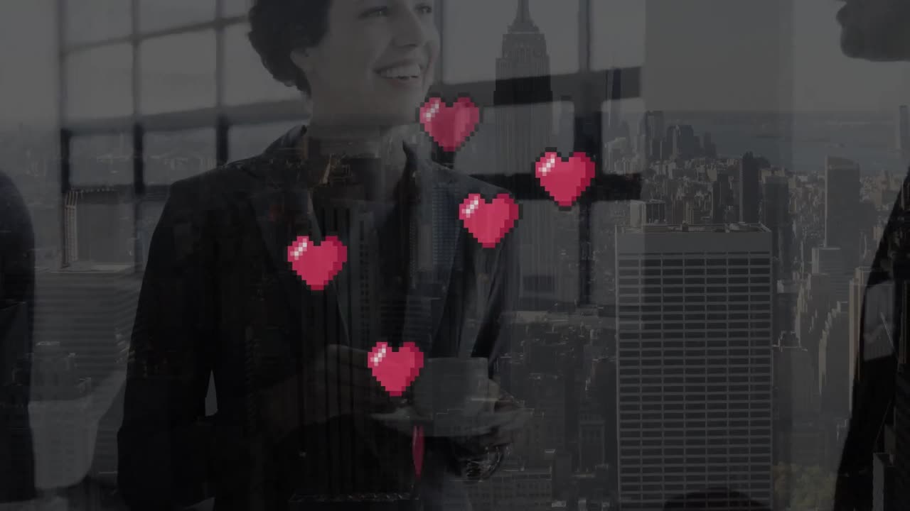 도시 풍경 위에 떠다니는 심장의 애니메이션과 사무실에 있는 코카시안 사업가들