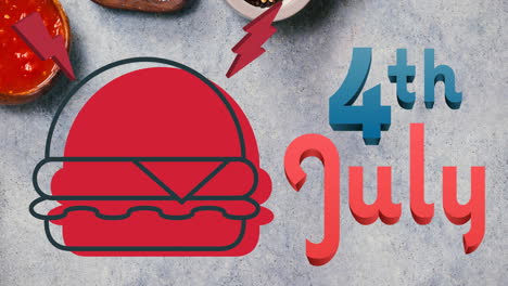 animación del 4 de julio texto sobre hamburguesa y condimentos en la mesa gris