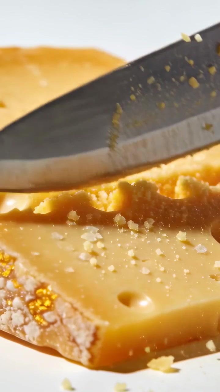 Vertical video: Entering right, knife scraping Swiss cheese wedge on white plate to release crumbs