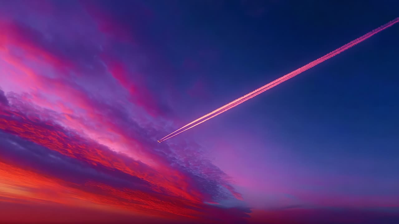 A Stunning Sky at Dusk: A Jet Airplane Contrail Illuminates the Vibrant Colors of Sunset in a Majestic Cloudscape, Highlighting the Beauty of Nature's Evening Palette