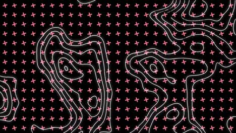 Animation-of-white-contour-lines-moving-over-grid-of-turning-pink-crosses-on-black-background