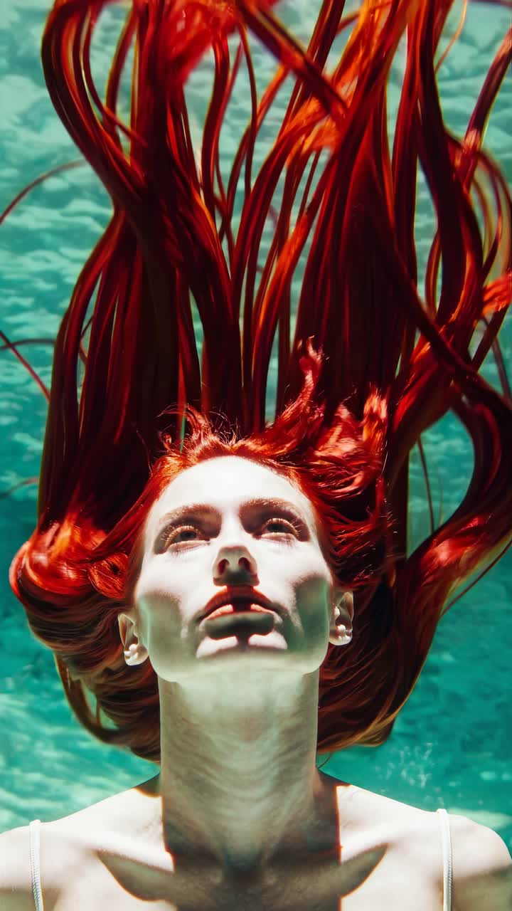 Underwater video captures a woman with flowing red hair, face upward, in a serene, ethereal scene