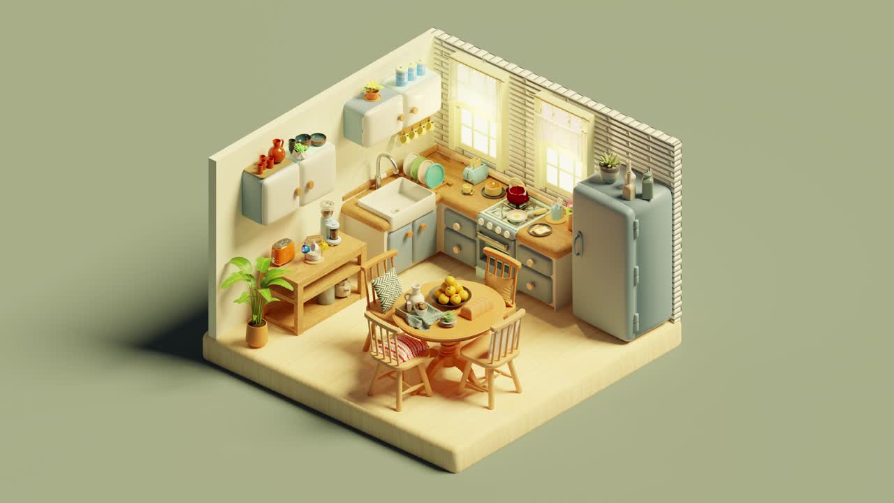 Isometric view of kitchen and dining room with fridge. 3d isometric loop