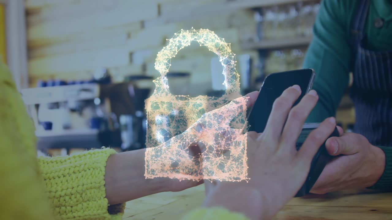 animación del candado de seguridad de la red sobre las personas que utilizan el terminal de pago