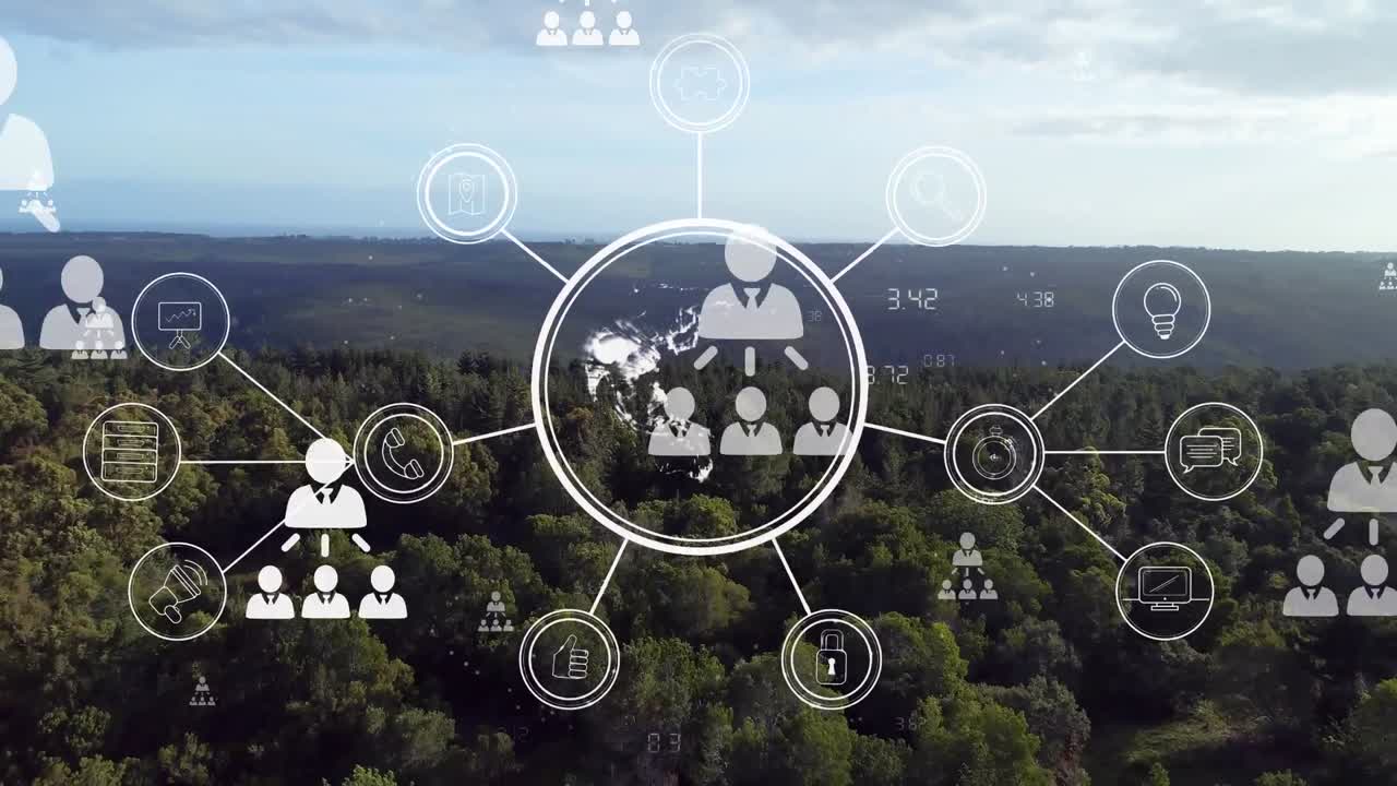 animación de una red de iconos digitales y un globo girando en el paisaje