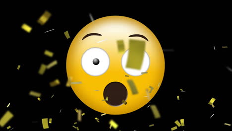 animación de confeti dorado cayendo sobre un emoji sorprendido sobre un fondo negro