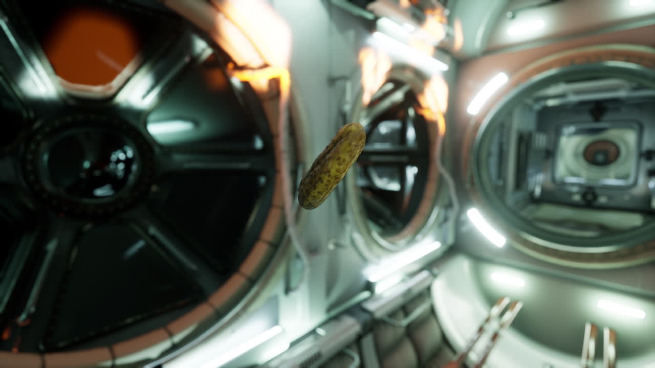 pepino encurtido marinado flotando en la estación espacial internacional
