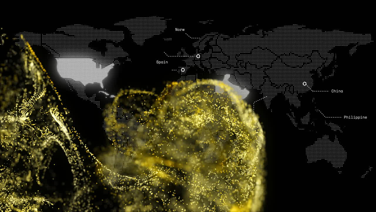 Animation of glowing golden particles forming abstract shape over world map in school