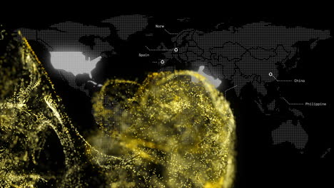 animation of glowing golden particles forming abstract shape over world map in school