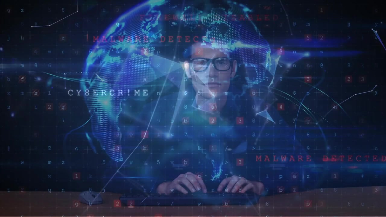 A hacker is using a computer to attack a digital screen