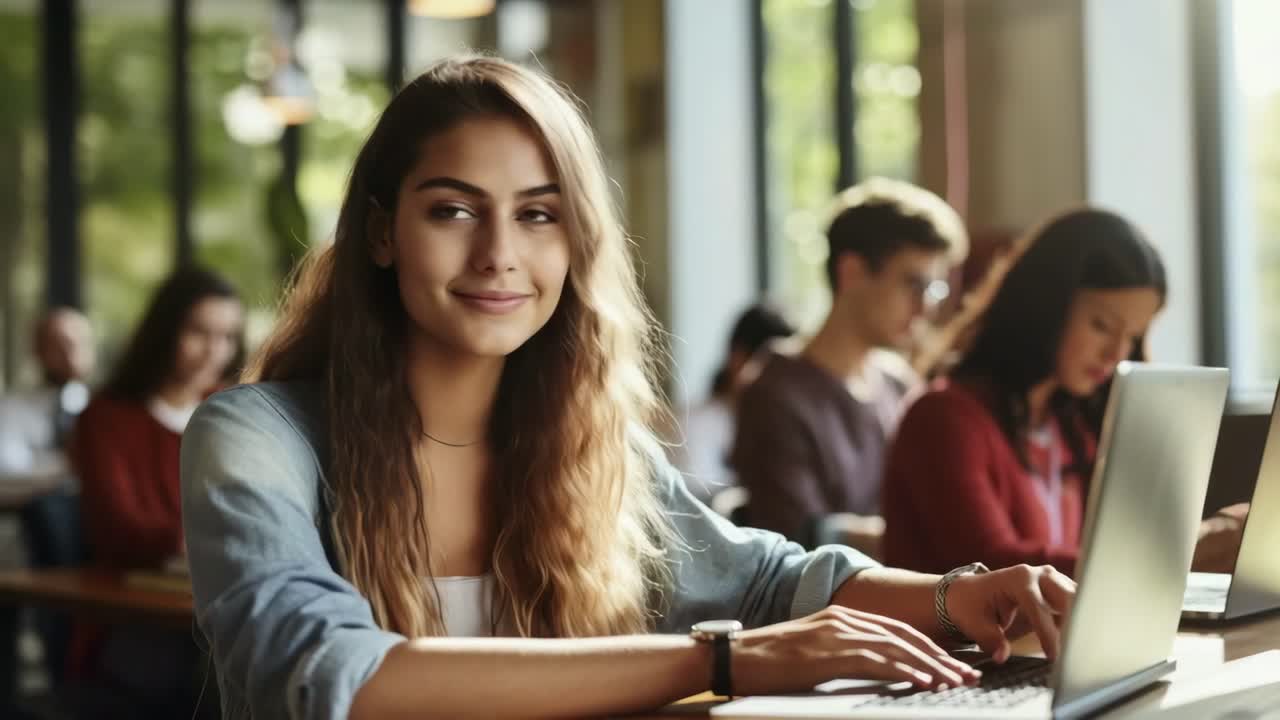 Bright, engaging video scene of young adults working on laptops in a sunlit cafe