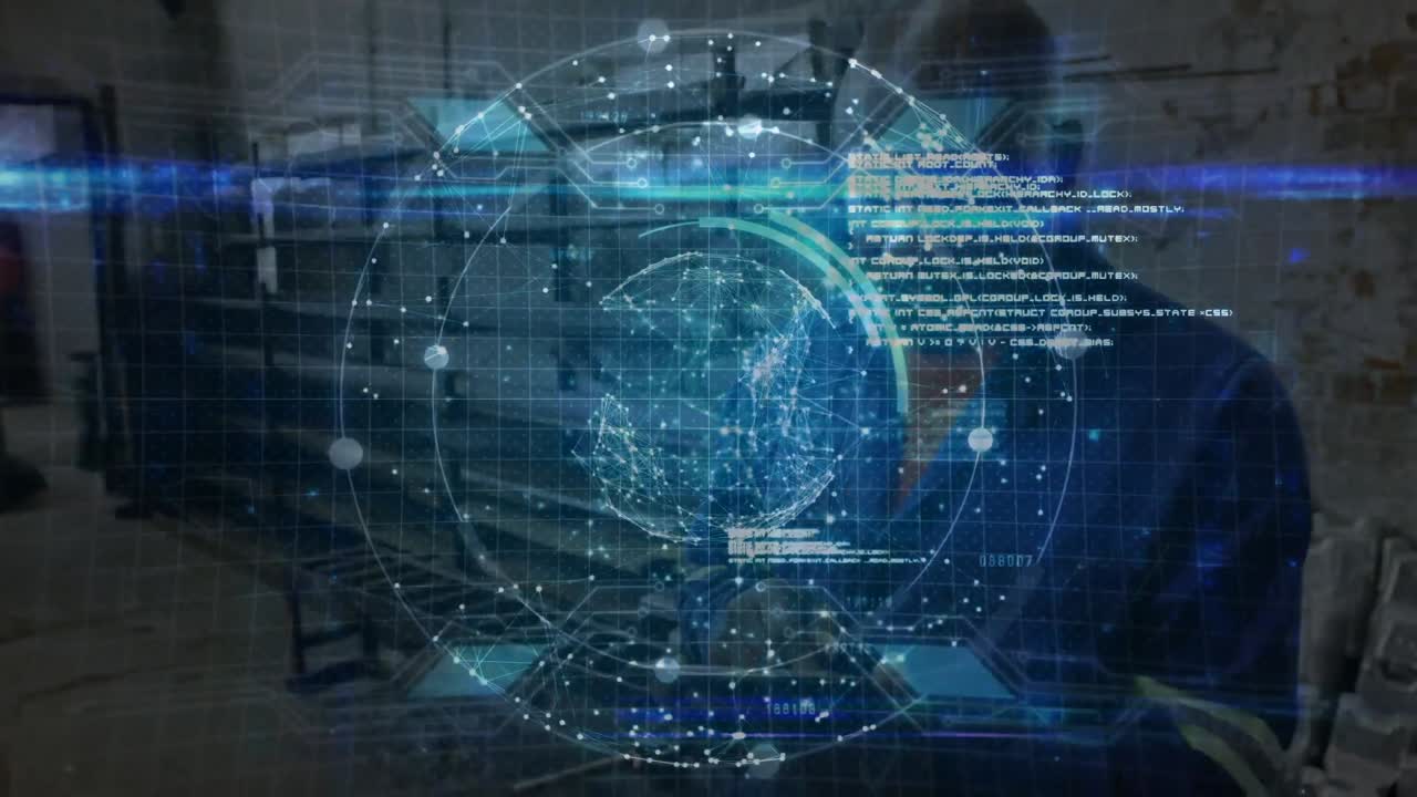 Animation of globe over data processing and network of connection