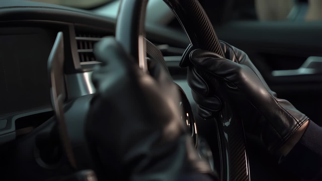 Close-up of gloved hands on steering wheel