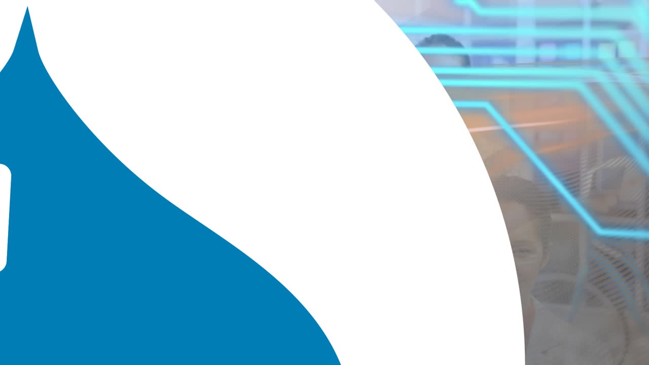 animación de forma azul y blanca sobre circuito integrado y mujer biracial