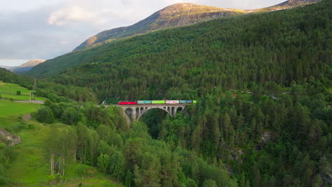 beautiful scenery in background and train travelling over arched bridge