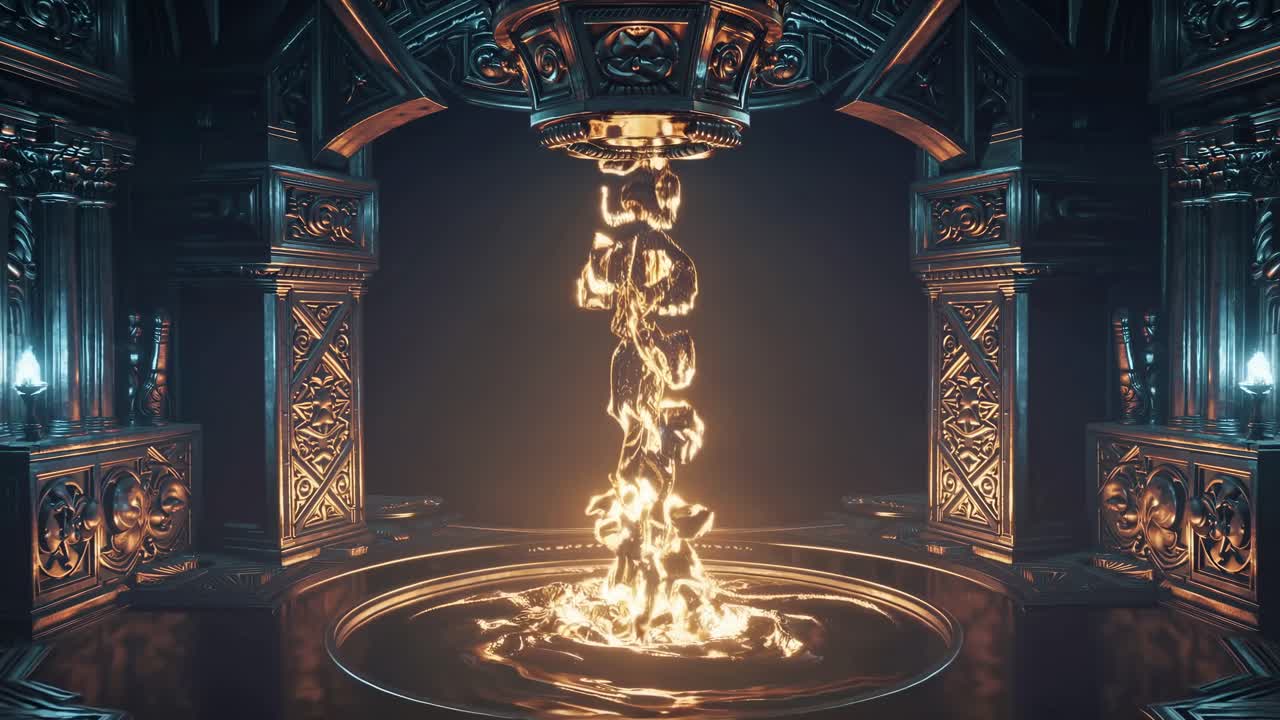 Golden Liquid Fountain in a Dark Gothic Architecture