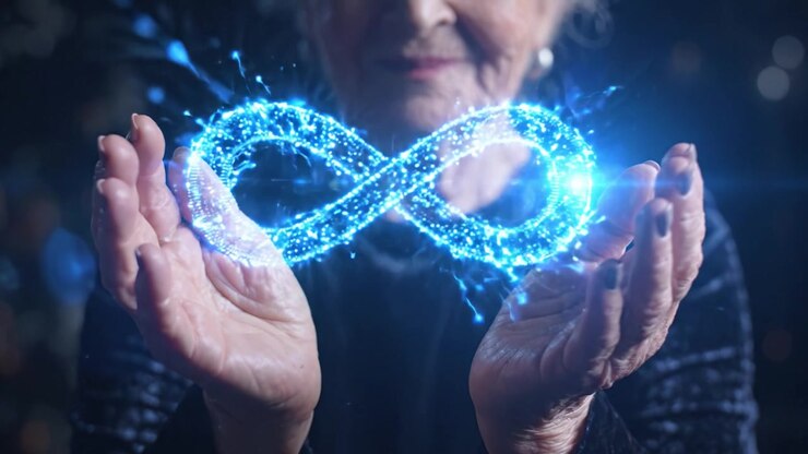 A Graceful Elderly Woman Embracing the Concept of Infinity with a Sparkling Symbol in Her Hands - An Inspirational Visual Representation of Endless Possibilities and Wisdom