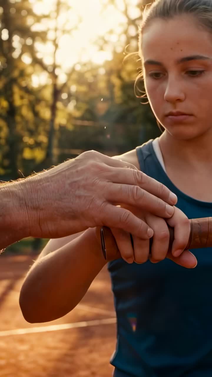 Vertical video: Reaching coach correcting teen's racket grip on clay court in tank top