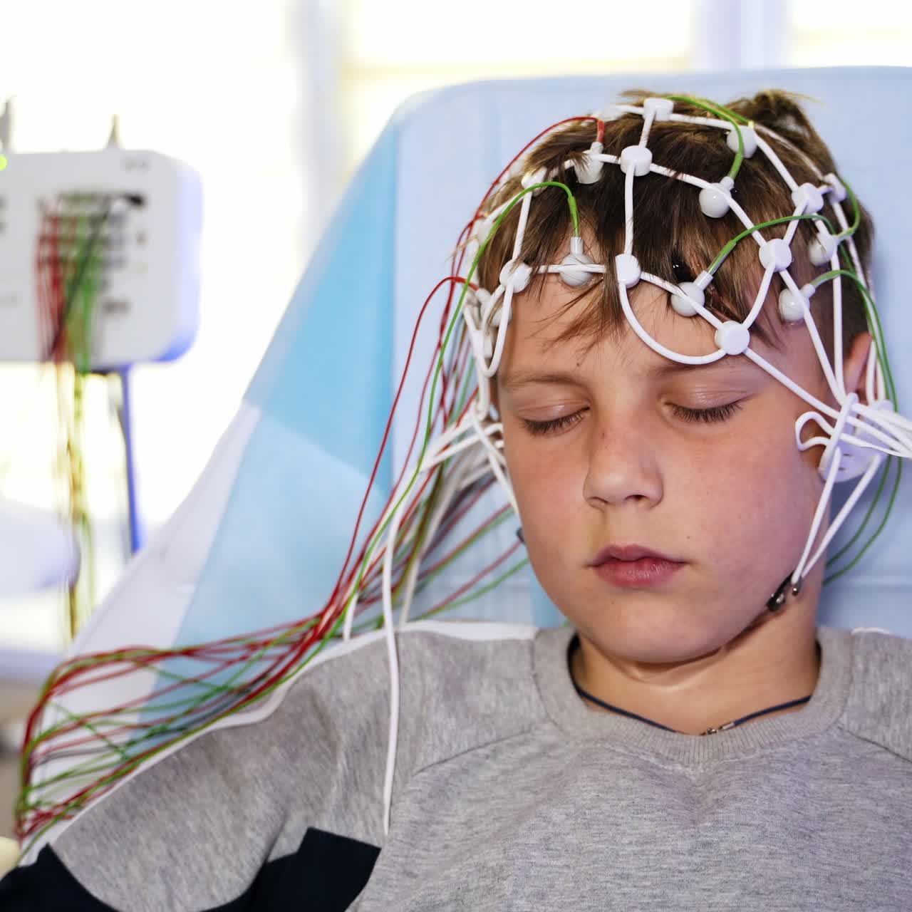 Boy sits with his eyes closed wearing sensors for EEG testing. Teenager undergoing electroencephalographic examination