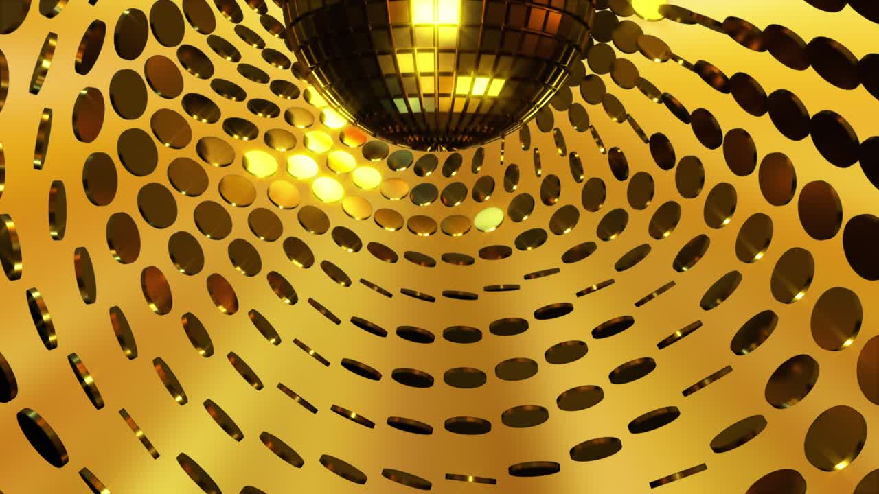 반이는 디스코 공과 많은 황금 동전, 컴퓨터 생성 3d 렌더링 축제 배경