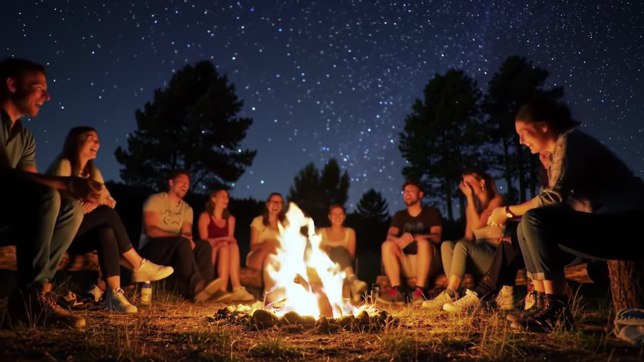 A Memorable Night Under the Starry Sky: Friends Gather Around a Campfire, Sharing Laughter and Joy as the Flames Dance and Illuminate the Dark Outdoors