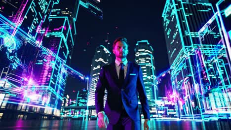businessman in a futuristic cityscape