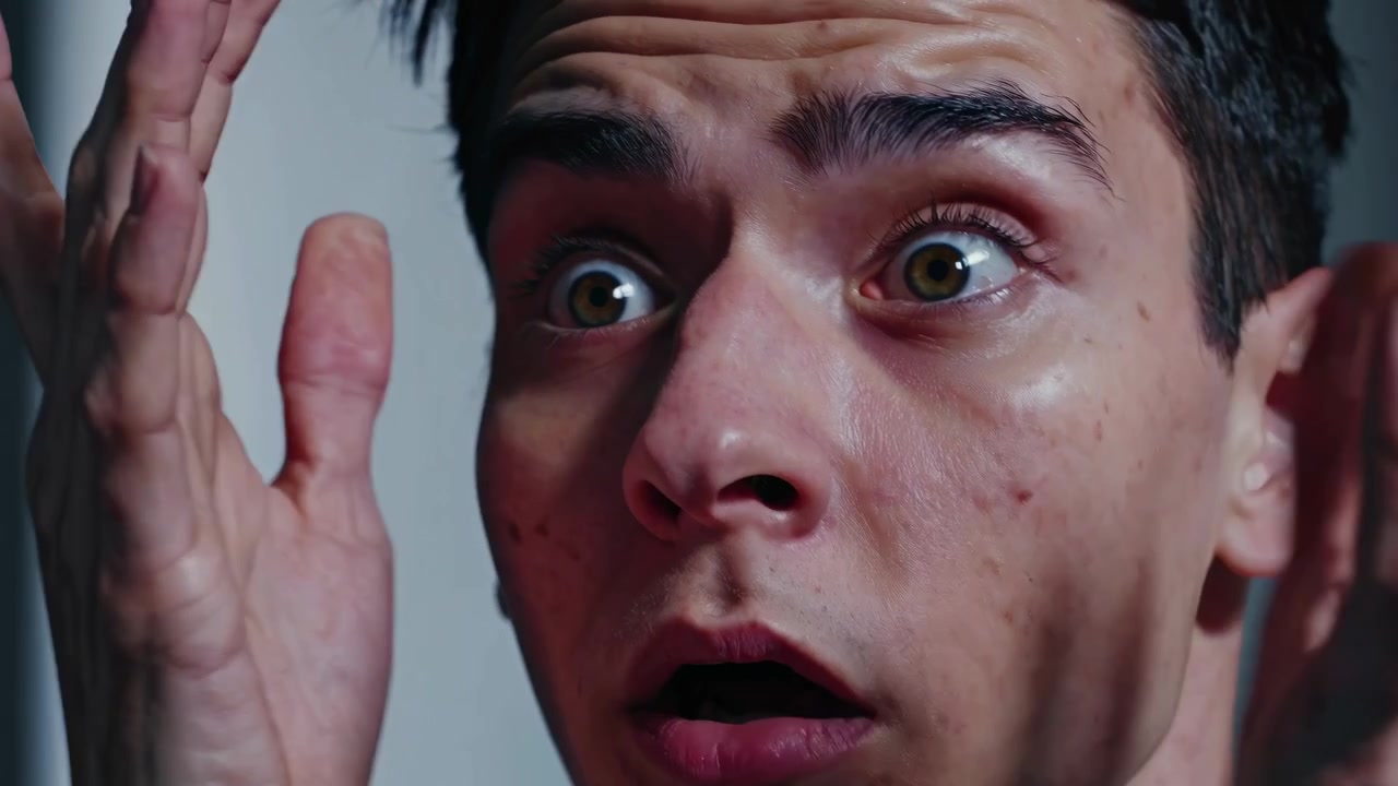 Close-up of Young Man Revealing a Scared and Shocked Face
