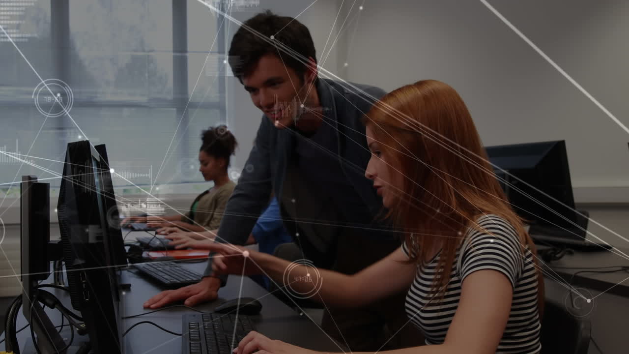 animación de la red de conexiones sobre niños y niñas diversos que usan computadora y estudian en la universidad