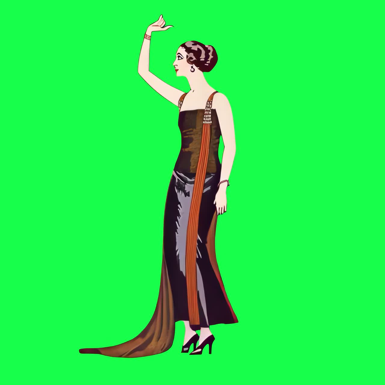 Animazione di una donna in elegante illustrazione di moda vintage, video 4K trasparente, sfondo verde