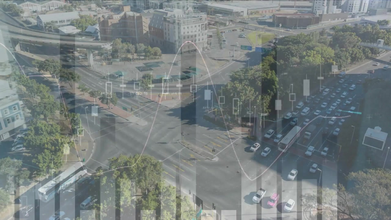 Animação de processamento de dados financeiros sobre a cidade
